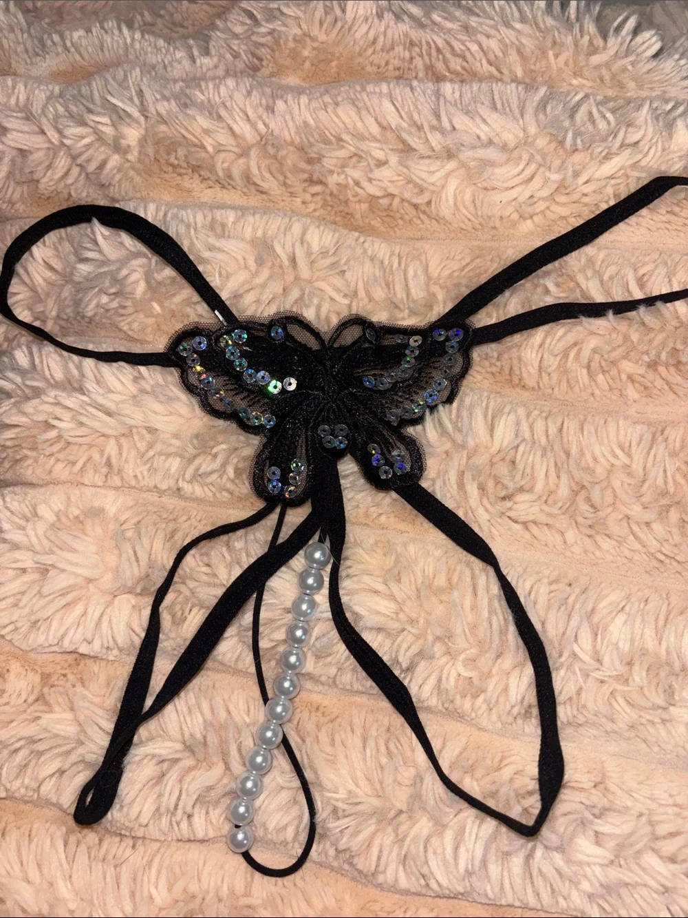 Black Sequin Butterfly Pearl Accent Thong - Women's Accessory